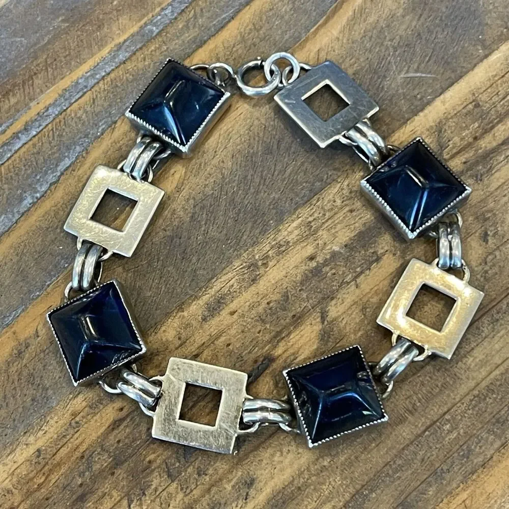 Vintage Art Deco Sterling Silver & Blue Glass Sugarloaf Cabochon Bracelet 8